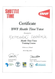 certyfikat bwf shuttle time tutor Sławomir Hetmański